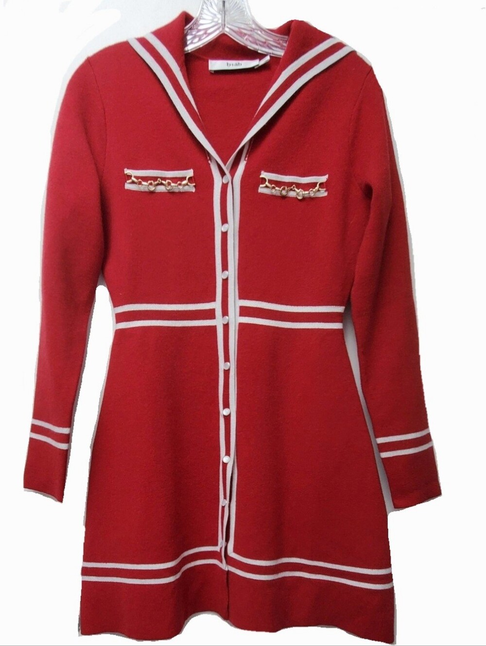 b+ab Red Knit Mini Dress Snaps Closure Horse Bit Goldtone Chain Detail Sz XS